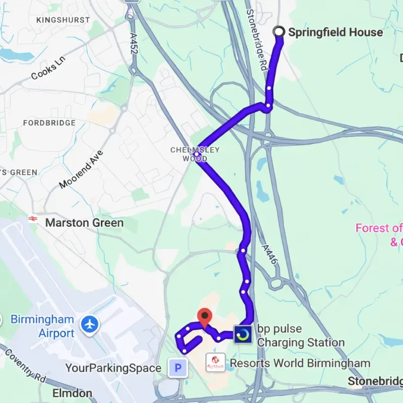 Route map from Springfield House B&B in Coleshill to NEC Birmingham — approximately 7 minutes by car